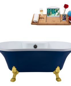60" Streamline N107GLD-BGM Soaking Clawfoot Tub and Tray With External Drain