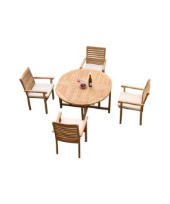 5-Piece Teak Dining Set, 48" Round Butterfly Table, 4 Hari Stacking Arm Chairs
