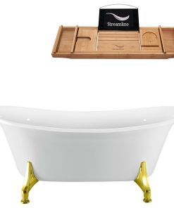 70" White Clawfoot Tub and Tray, Gold Feet, Chrome Internal Drain