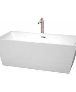 67" Freestanding Tub, White, Floor Mounted Faucet, Drain, Brushed Nickel