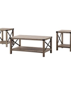 3-Piece Rustic Wood & Metal Accent Table Set, Gray Wash/Black