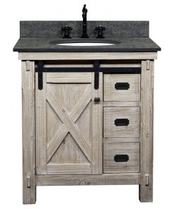 31" Rustic Solid Fir Barn Door Style Single Sink Vanity Arctic Pearl Marble Top