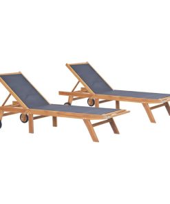 vidaXL 2x Solid Teak Wood Folding Sun Loungers with Wheels Textilene Outdoor