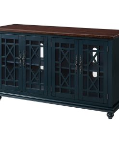 Transitional TV Console, Unique Trellis Patterned Doors, Catalina Blue/Coffee
