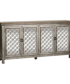 4 Door Accent Cabinet, White Dusty Wax Finish & Wire Brushed Gray