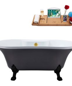 60" Streamline N105BL-GLD Soaking Clawfoot Tub and Tray With External Drain