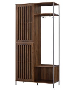 72" Slat Door Metal and Wood Hall Tree, Dark Walnut