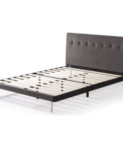 Transitional Platform Bed, Wooden Slats & Button Tufted Velvet Headboard, Full