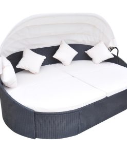 vidaXL Daybed Poly Rattan Wicker Black Oval Outdoor Garden Patio Lounge Sunbed