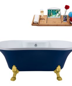 60" Streamline N107GLD-CH Soaking Clawfoot Tub and Tray With External Drain