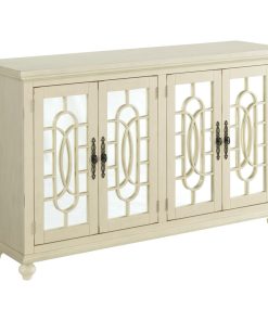Trellis Front Wood and Glass TV stand with Cabinet Storage, Beige
