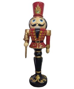 3' Nutcracker Toy Soldier Holding Staff, Resin Figurine With LED Lights, Red