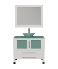 36" White Solid Wood & Glass Single Vessel Sink Vanity, BN faucet