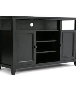 Transitional TV Stand, Central Open Shelves With 2 Side Doors, Black Finish