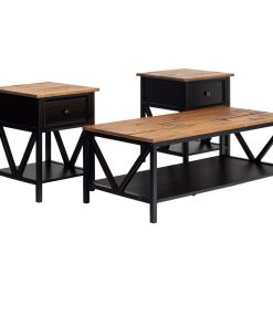 3-Piece Distressed Solid Wood Table Set, Rustic Oak/Black