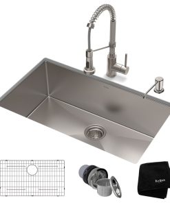 32" Undermount Stainless Steel Kitchen Sink, Pull-Down Faucet SS with Dispenser