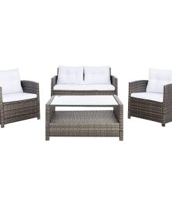 4 Pieces Patio Set, Covered Metal Frame & White Seat Cushions, Grey Brown/White