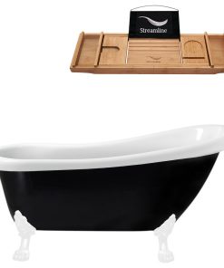 61" Black Clawfoot Tub and Tray, White Feet, Chrome Internal Drain