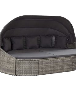 vidaXL Patio Lounge Bed with Canopy Poly Rattan Gray Outdoor Garden Sunbed