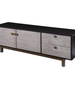 Storage Media Console, Drawers and Cabinet With Adjustable Shelf, Grey and Black