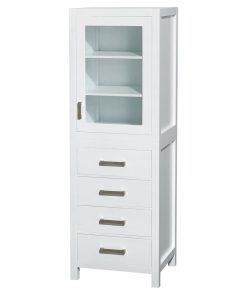 24 inch Linen Tower in White with Shelved Cabinet Storage and 4 Drawers