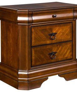 3 Drawer Wooden Nightstand with Sled Base and Metal Ring Pulls, Brown