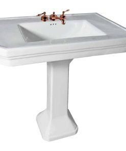 White Large Vitreous Victorian Pedestal Sink with 8" Widespread Rose Gold Fauce