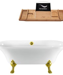 68" White Clawfoot Tub and Tray, Gold Feet, Gold External Drain