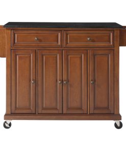 Solid Black Granite Top Kitchen Cart/Island, Classic Cherry Finish