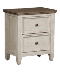 2 Drawer Night Stand w/ Charging Station, Antique White Finish w/ Tobacco Tops