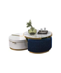 White Round Nesting Faux Marble Top Coffee Table, 1-Drawer and 2 Stools, White