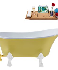 63" Streamline N350WH-GLD Soaking Clawfoot Tub and Tray With External Drain