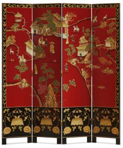 18th Century Chinoiserie Scenery Oriental Red Floor Screen with Courtyard Scene