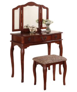 Vanity Set, Table With Folding Mirror & Floral Pattern Polyester Stool, Cherry