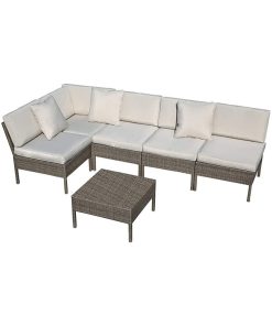 6 Pieces Patio Set, Sectional Sofa With 3 Pillows and Coffee Table, Beige
