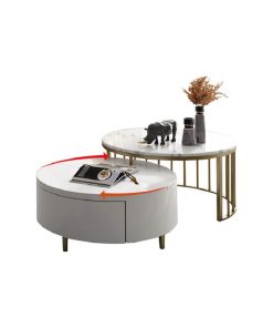 White and Walnut Round Nesting Coffee Table, 2-Piece Set, White