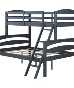 Twin Over Full Bunk Bed, Slat Support With Ladder and Guardrails, Grey