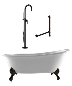 61" Cast Iron Slipper Bathtub, Modern Tower Freestanding Faucet Plumbing PKG ORB