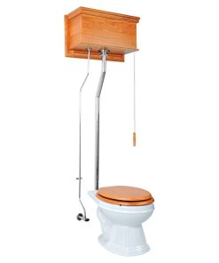 White High Tank Pull Chain Toilet Elongated Ceramic Bowl Oak Tank Chrome Pipes