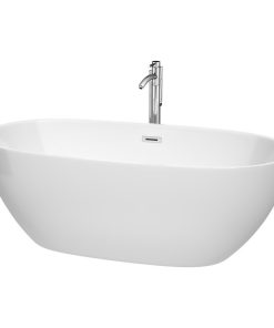 67" Freestanding Bathtub, White, Floor Mounted Faucet, Drain, Trim, Chrome