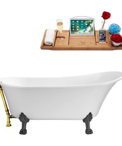 59" Streamline N341BGM-GLD Soaking Clawfoot Tub and Tray With External Drain