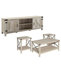 4 Piece Barn Door TV Stand Coffee Table and 2 End Table Set in Rustic White Oak
