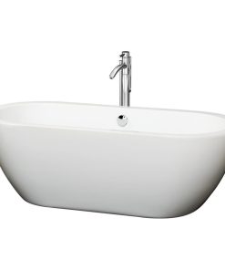 68" Freestanding Tub,White,Floor Mounted Faucet,Drain,Overflow,Polished Chrome