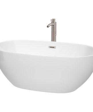 63" Freestanding Bathtub, White, Faucet, Drain, Overflow Trim, Brushed Nickel