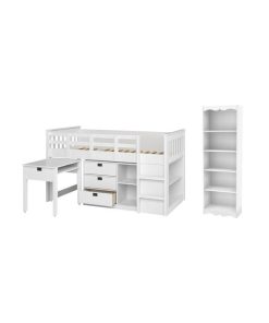 2 Piece Kids Bedroom Set with Loft Bed and Bookcase in White