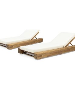 Ursula Outdoor Acacia Wood Chaise Lounge and Cushion Set, Set of 2, Cream