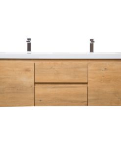 59" Angela Wall Mounted Modern Double Vanity, Natural Oak
