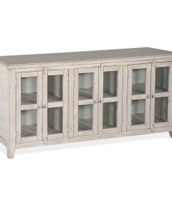 70" Distressed White TV Stand Media Console Glass Doors Storage Cabinet