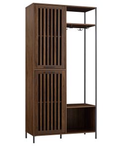 Tall Hall Tree, 4 Hooks and 2 Slatted Doors With Inner Shelves, Dark Walnut