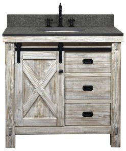 37" Rustic Solid Fir Barn Door Style Single Sink Vanity Matte Grey Granite Top